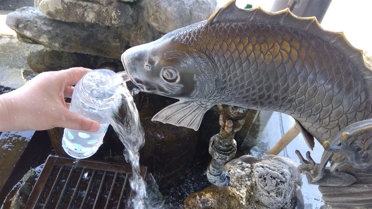 かどやから約80mの泉町の名水の水場。鯉の像の口から湧水が流れ出ている